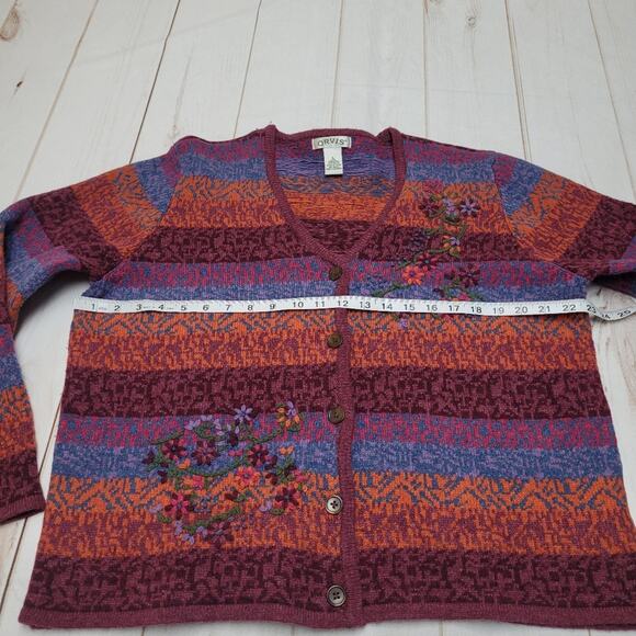 Orvis knit textured floral cardigan lambswool button front sweater striped - Picture 6 of 8